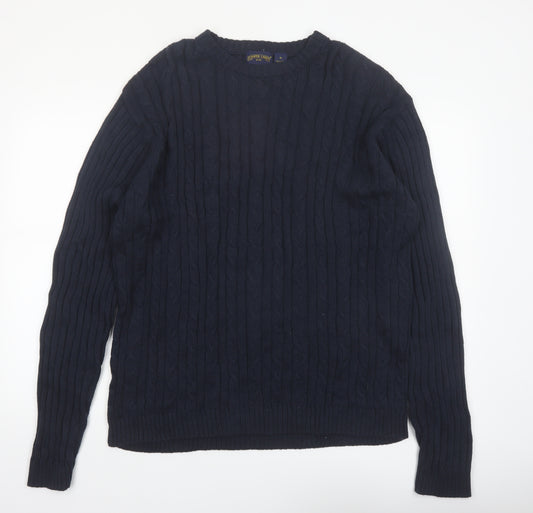 Shaver Lake Mens Blue XL Cotton Cable Knit Crew Neck Jumper