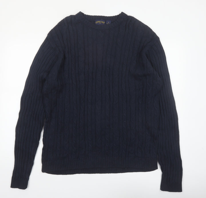 Shaver Lake Mens Blue XL Cotton Cable Knit Crew Neck Jumper