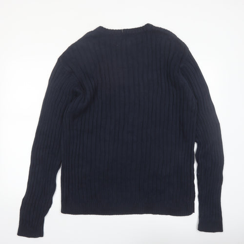 Shaver Lake Mens Blue XL Cotton Cable Knit Crew Neck Jumper