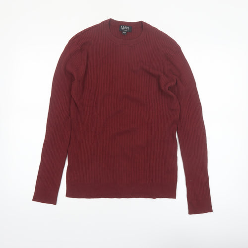 boohooMAN Men’s Red Ribbed Crew Neck Pullover Jumper XS Slim Fit