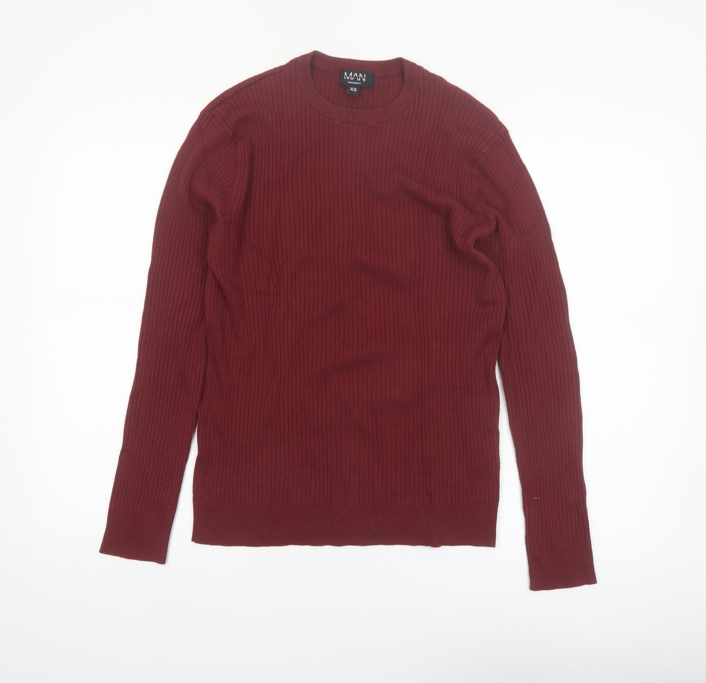boohooMAN Men’s Red Ribbed Crew Neck Pullover Jumper XS Slim Fit