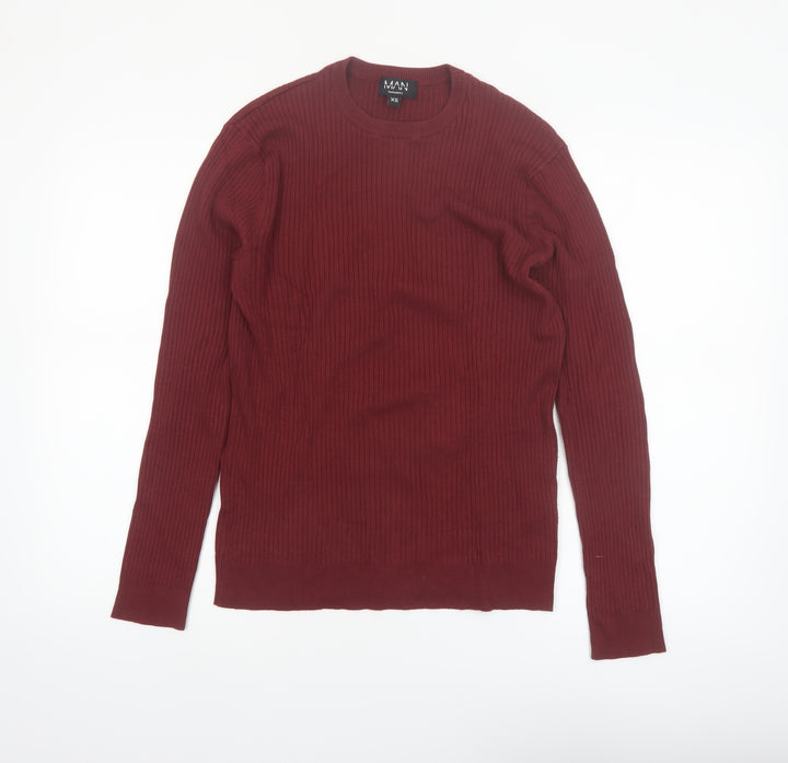 boohooMAN Men’s Red Ribbed Crew Neck Pullover Jumper XS Slim Fit