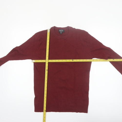 boohooMAN Men’s Red Ribbed Crew Neck Pullover Jumper XS Slim Fit