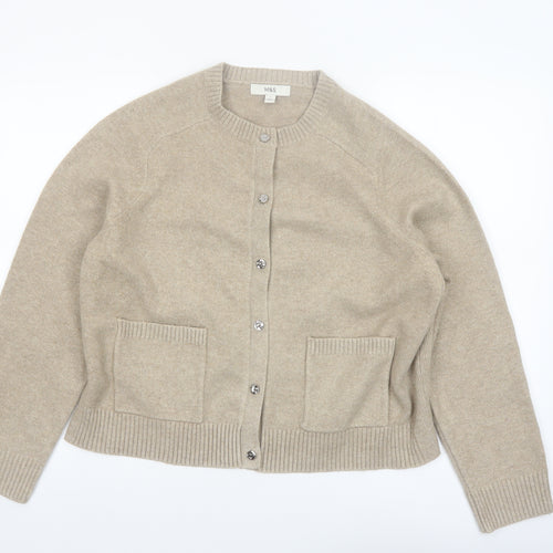Marks and Spencer Women Beige Knit Cardigan L Long Sleeve Crew Neck