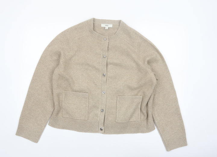 Marks and Spencer Women Beige Knit Cardigan L Long Sleeve Crew Neck