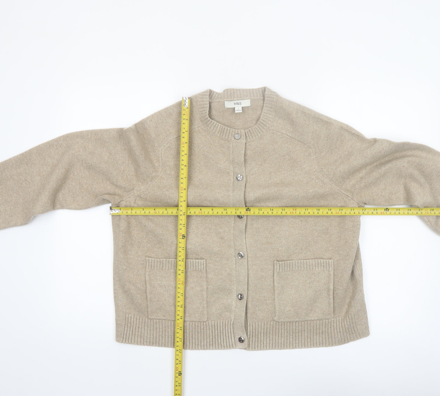 Marks and Spencer Women Beige Knit Cardigan L Long Sleeve Crew Neck
