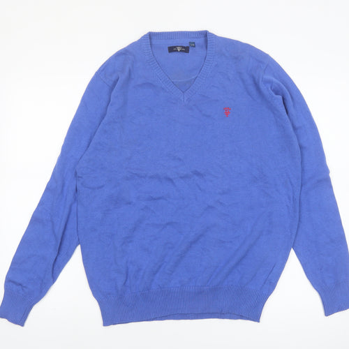 Bel Toro Men's Blue Cotton V-Neck Jumper Size L Classic Knit