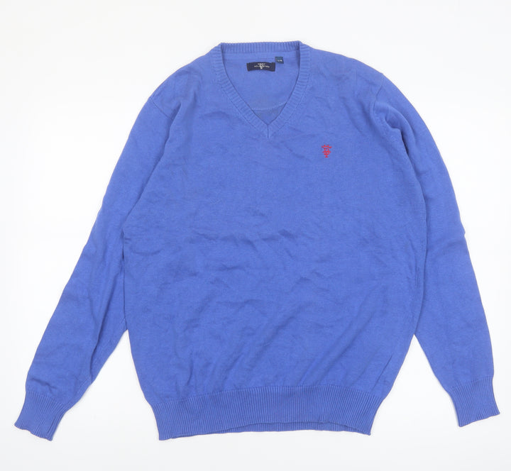 Bel Toro Men's Blue Cotton V-Neck Jumper Size L Classic Knit