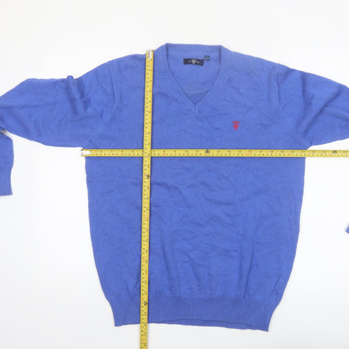 Bel Toro Men's Blue Cotton V-Neck Jumper Size L Classic Knit