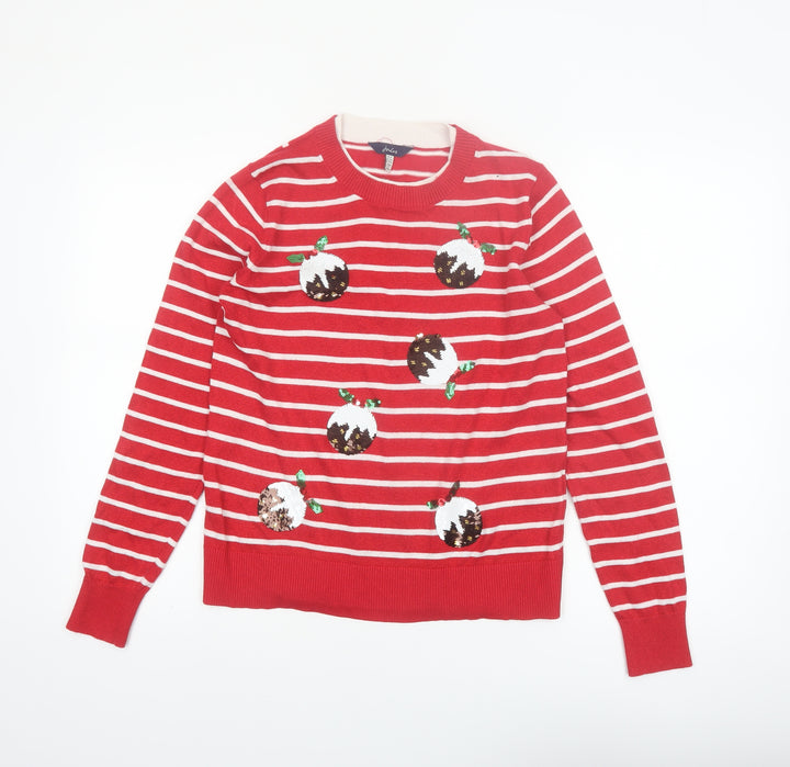 Joules Women’s Red Striped Christmas Pudding Sequin Jumper Size 8
