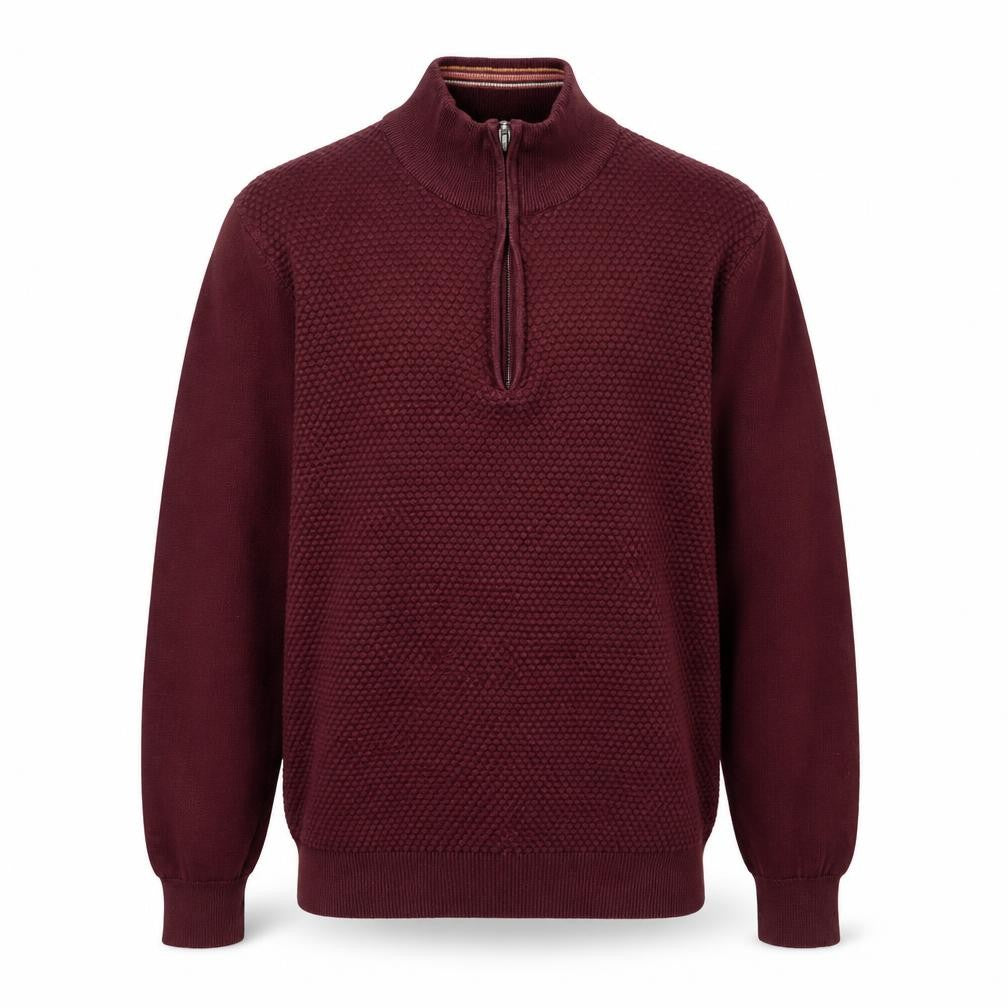 Front view of Guide London Men's Red Cotton Half Zip High Neck Jumper, size M