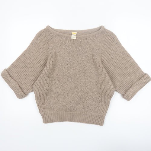 Etam Women Beige Chunky Knit Boat Neck Short Sleeve Pullover Jumper One Size