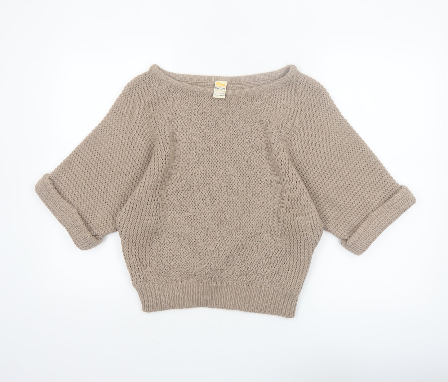 Etam Women Beige Chunky Knit Boat Neck Short Sleeve Pullover Jumper One Size