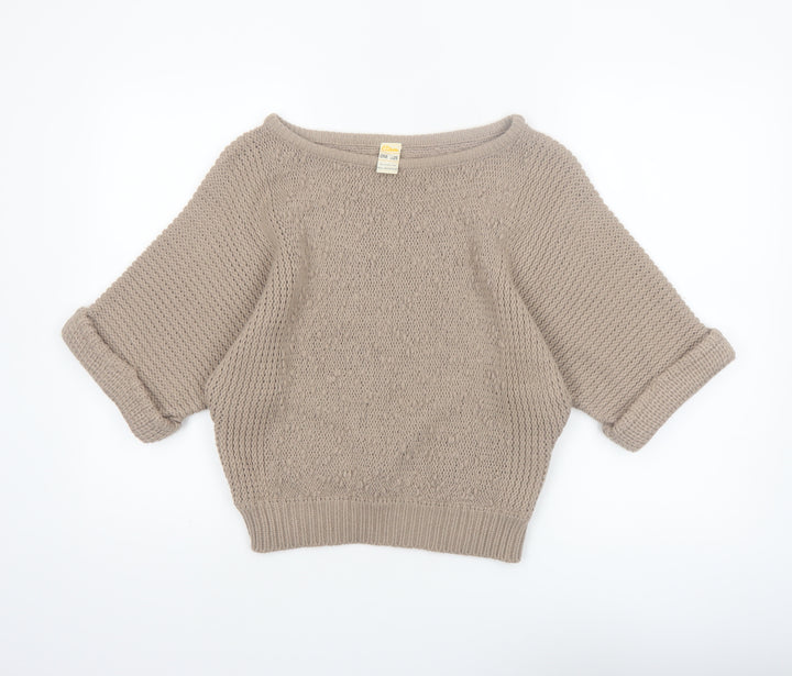 Etam Women Beige Chunky Knit Boat Neck Short Sleeve Pullover Jumper One Size
