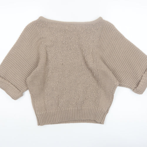 Etam Women Beige Chunky Knit Boat Neck Short Sleeve Pullover Jumper One Size