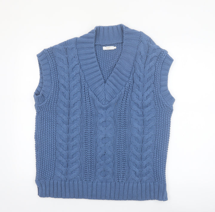 Cotton Traders Womens Blue Cable-Knit Sleeveless V-Neck Vest Jumper Size 16