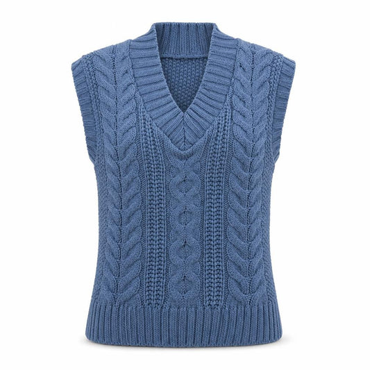 Front view of Cotton Traders women’s blue cable-knit sleeveless v-neck vest jumper, size UK 16