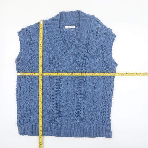 Cotton Traders Womens Blue Cable-Knit Sleeveless V-Neck Vest Jumper Size 16