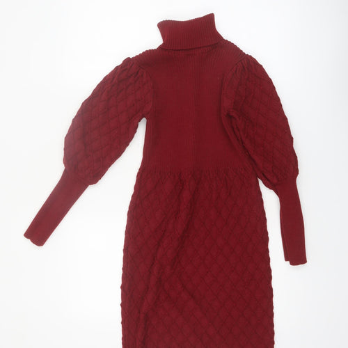 Simplee Women's Red Knit Roll Neck Puff Sleeve Sweater Dress M