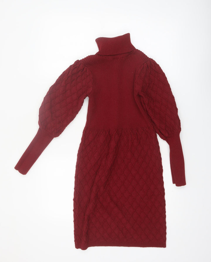 Simplee Women's Red Knit Roll Neck Puff Sleeve Sweater Dress M