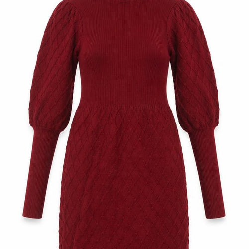 Simplee Women's Red Knit Roll Neck Puff Sleeve Sweater Dress M