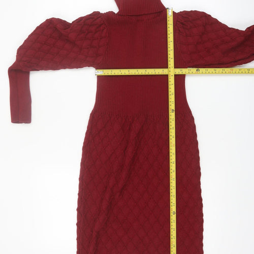Simplee Women's Red Knit Roll Neck Puff Sleeve Sweater Dress M