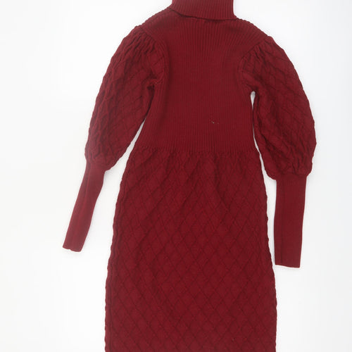 Simplee Women's Red Knit Roll Neck Puff Sleeve Sweater Dress M