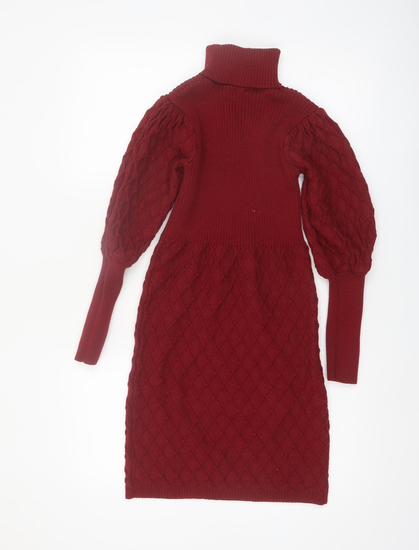 Simplee Women's Red Knit Roll Neck Puff Sleeve Sweater Dress M