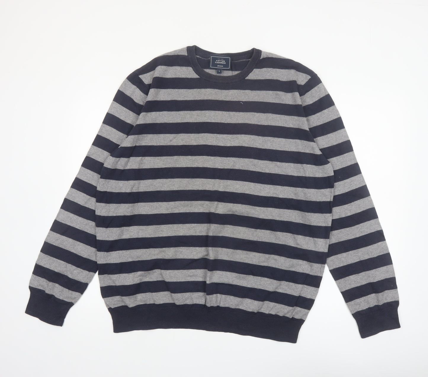 John Lewis Men's Grey Striped Cotton Cashmere Pullover Jumper L