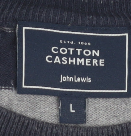 John Lewis Men's Grey Striped Cotton Cashmere Pullover Jumper L