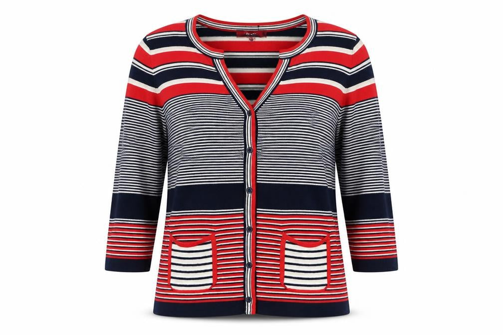 Front view of Monsoon Women's Multicoloured Striped Cotton V-Neck Cardigan, size 10