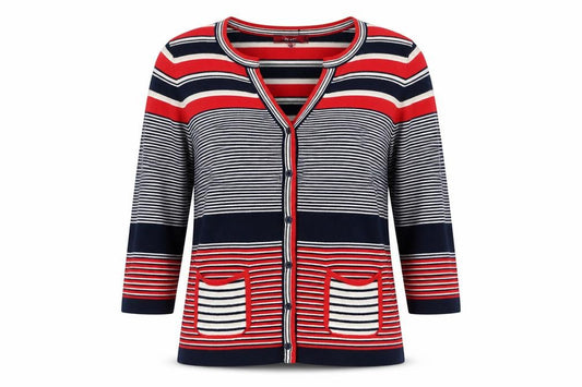 Front view of Monsoon Women's Multicoloured Striped Cotton V-Neck Cardigan, size 10