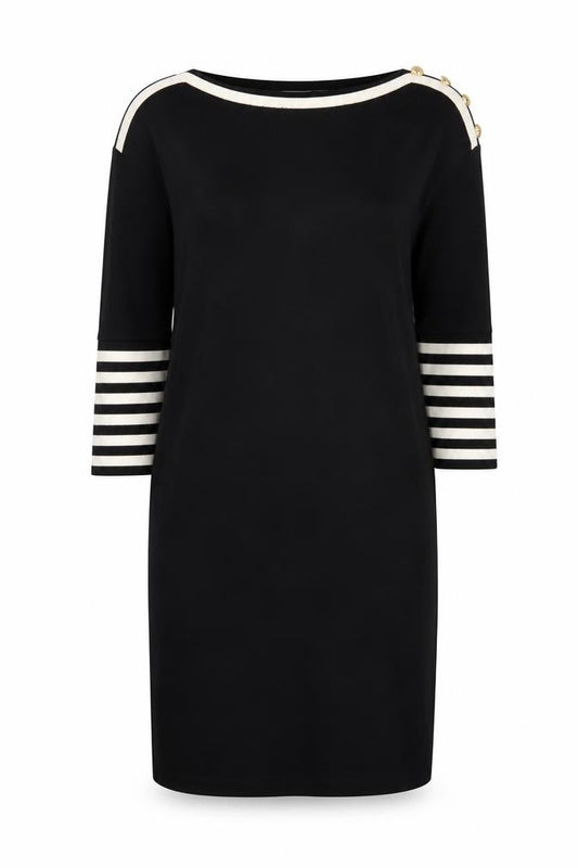 Front view of Liz Claiborne Women Black Petite S Striped Shift Knit Dress