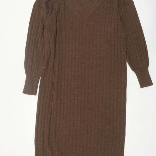 ONLY Women’s Brown Ribbed Knit Midi Jumper Dress M V-Neck Long Sleeve