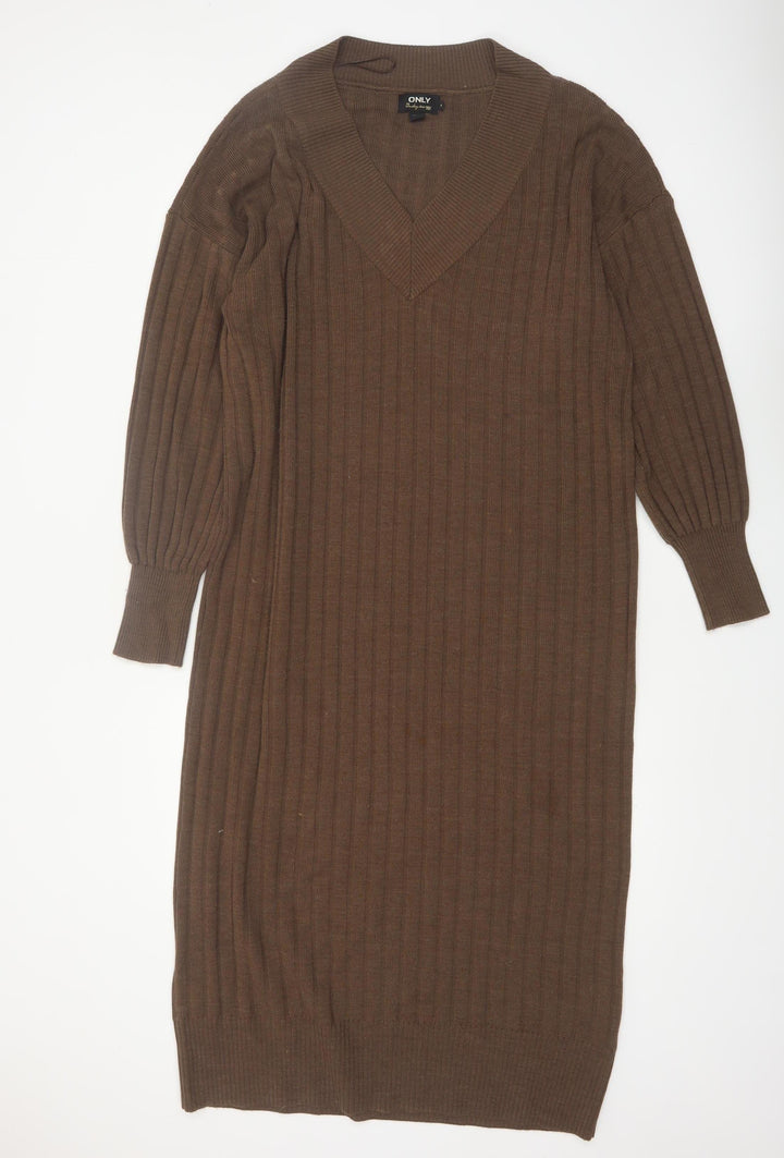 ONLY Women’s Brown Ribbed Knit Midi Jumper Dress M V-Neck Long Sleeve