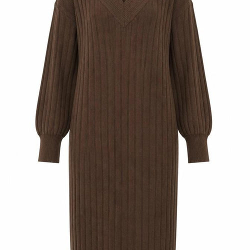 ONLY Women’s Brown Ribbed Knit Midi Jumper Dress M V-Neck Long Sleeve