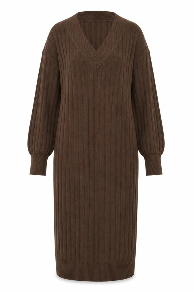 ONLY Women’s Brown Ribbed Knit Midi Jumper Dress M V-Neck Long Sleeve