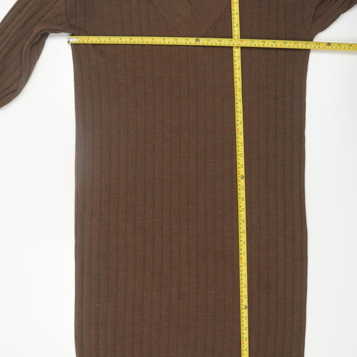 ONLY Women’s Brown Ribbed Knit Midi Jumper Dress M V-Neck Long Sleeve