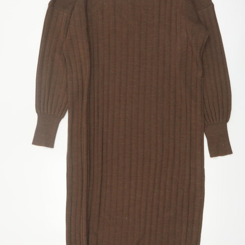 ONLY Women’s Brown Ribbed Knit Midi Jumper Dress M V-Neck Long Sleeve