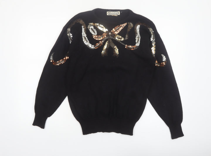 Sensations Womens Black Sequin Bow 80s Vintage Jumper M
