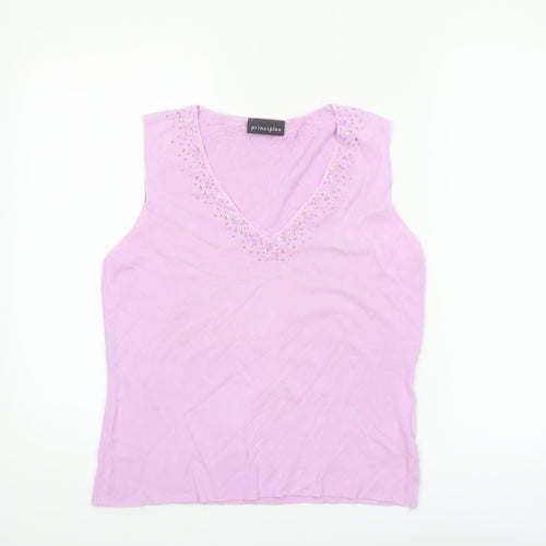 Principles Women Pink Beaded V-Neck Sleeveless Knit Tank Top Size 16