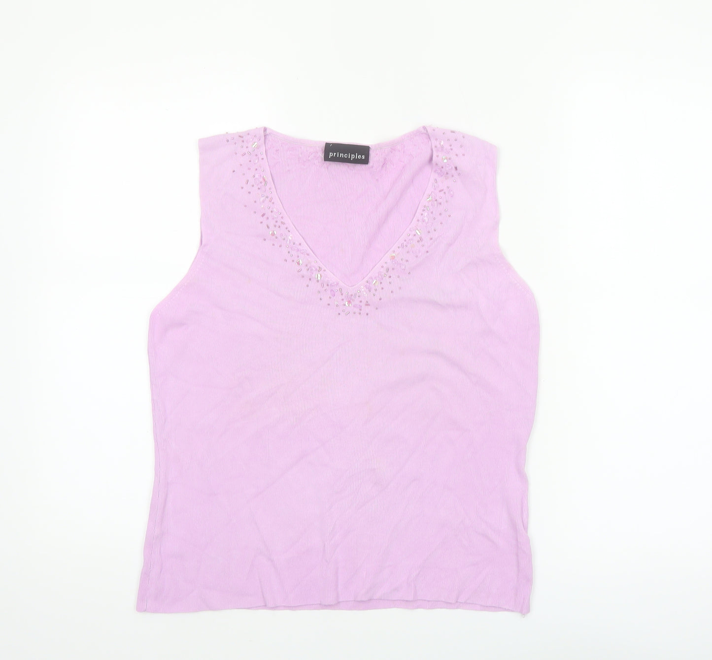 Principles Women Pink Beaded V-Neck Sleeveless Knit Tank Top Size 16