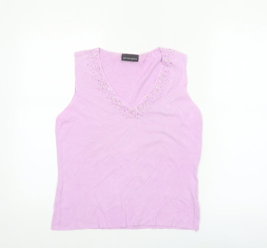 Principles Women Pink Beaded V-Neck Sleeveless Knit Tank Top Size 16