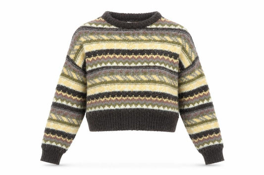 Front view of Pull&Bear women’s multicoloured fair isle knit jumper, size UK 8