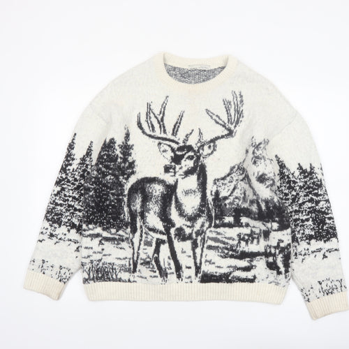 Pull&Bear Women Ivory Deer Graphic Knit Jumper Size 12