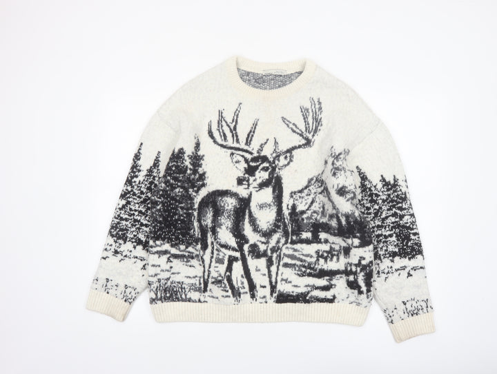 Pull&Bear Women Ivory Deer Graphic Knit Jumper Size 12