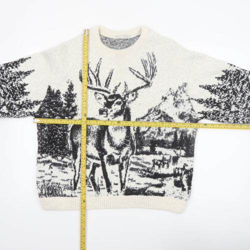 Pull&Bear Women Ivory Deer Graphic Knit Jumper Size 12