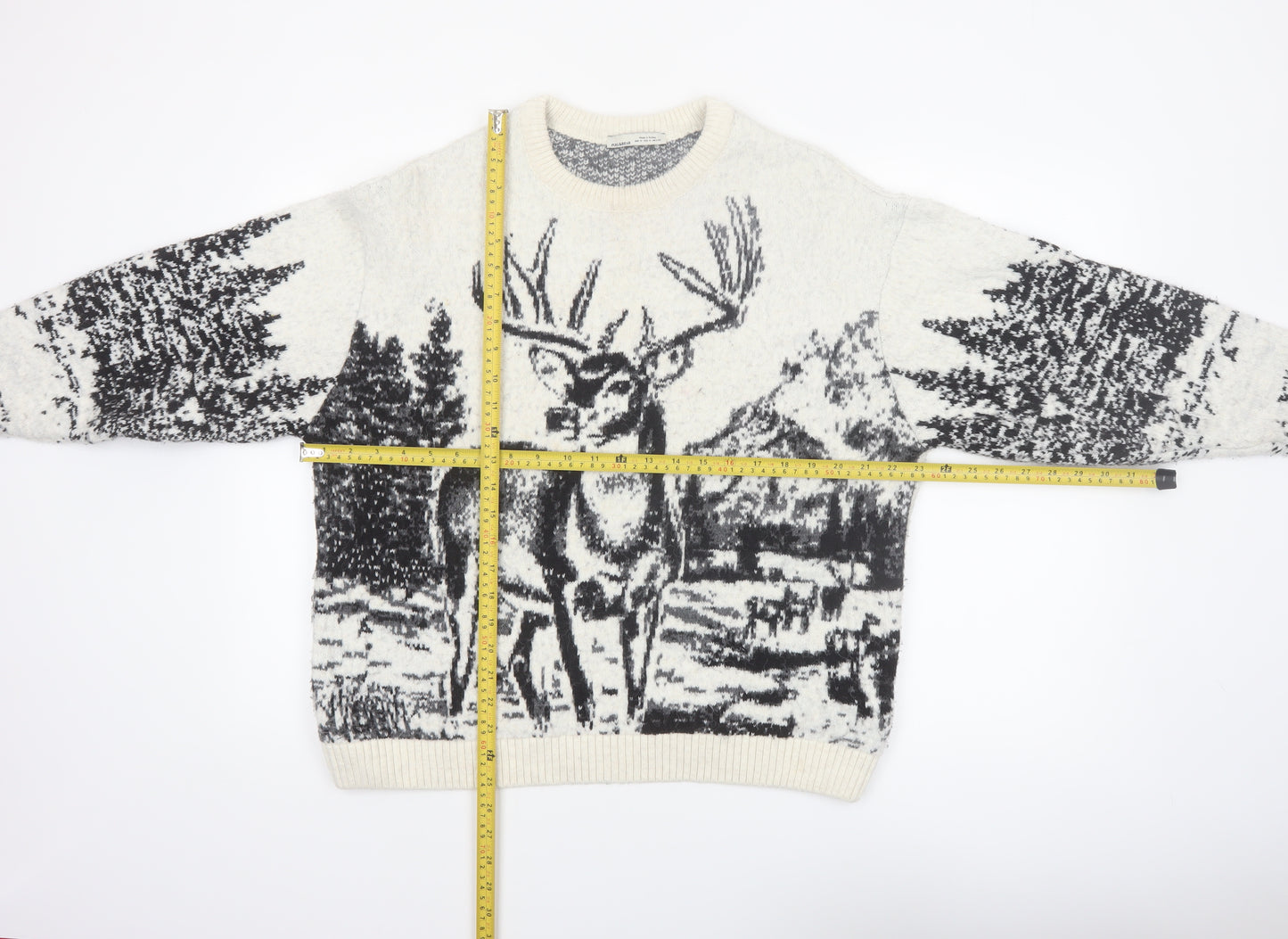 Pull&Bear Women Ivory Deer Graphic Knit Jumper Size 12