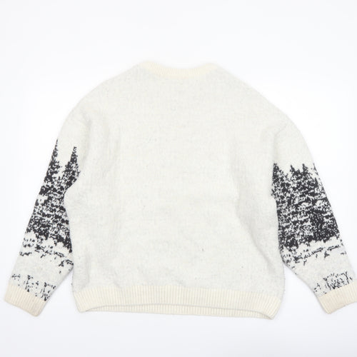 Pull&Bear Women Ivory Deer Graphic Knit Jumper Size 12