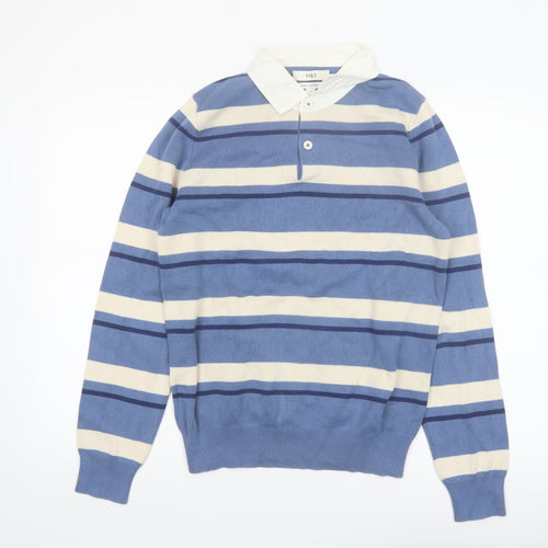Marks and Spencer Men's Blue Striped Long Sleeve Cotton Polo S